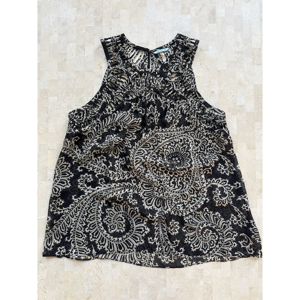 Leifnotes Anthropologie Black paisley sheer 100% SILK sleeveless top Blouse Sz 8